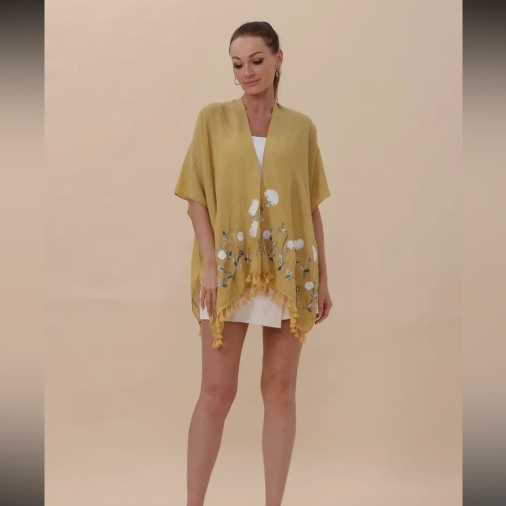 076- Yellow Floral Kimono with Tassels